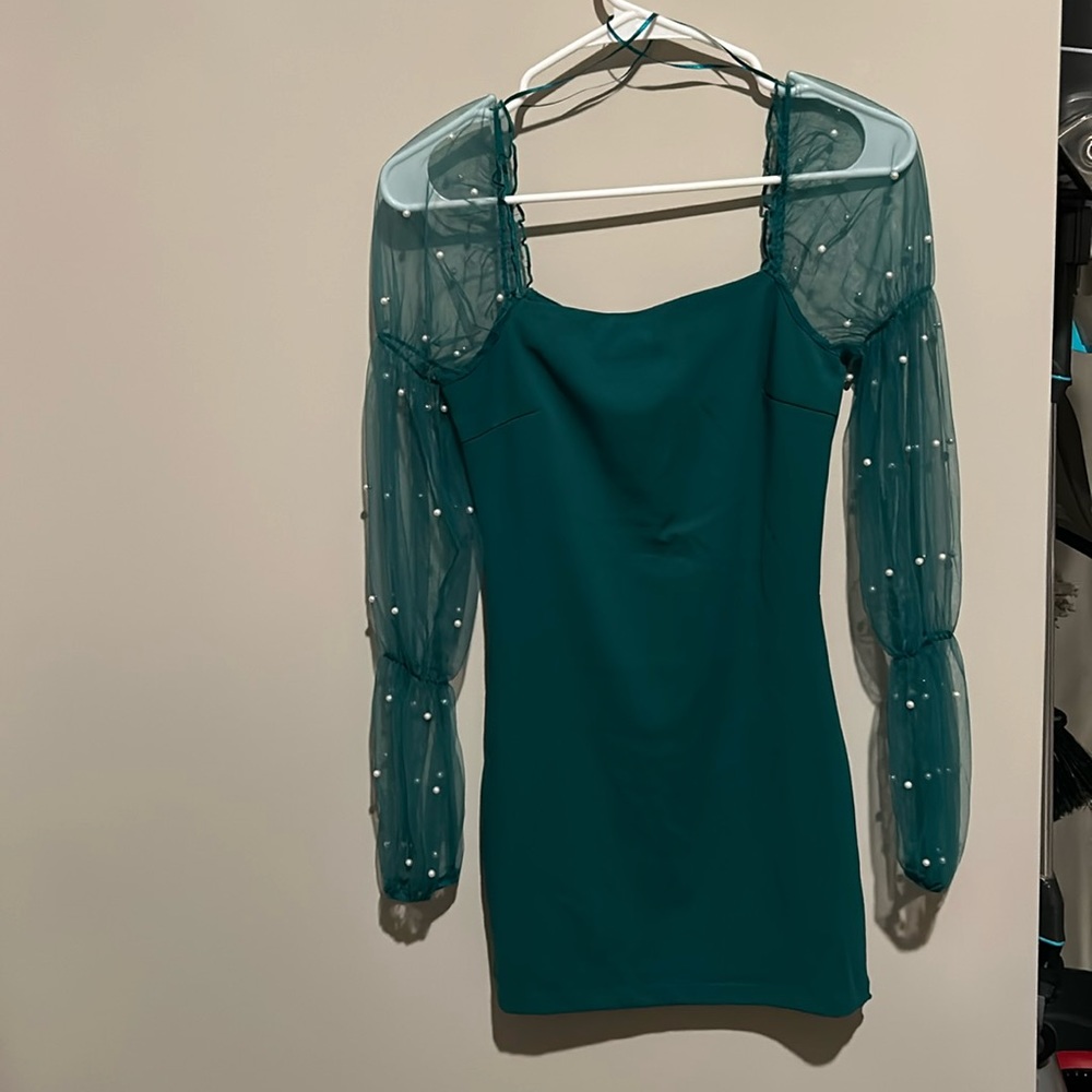 Mesh ruffled Sleeve Green Mini Dress